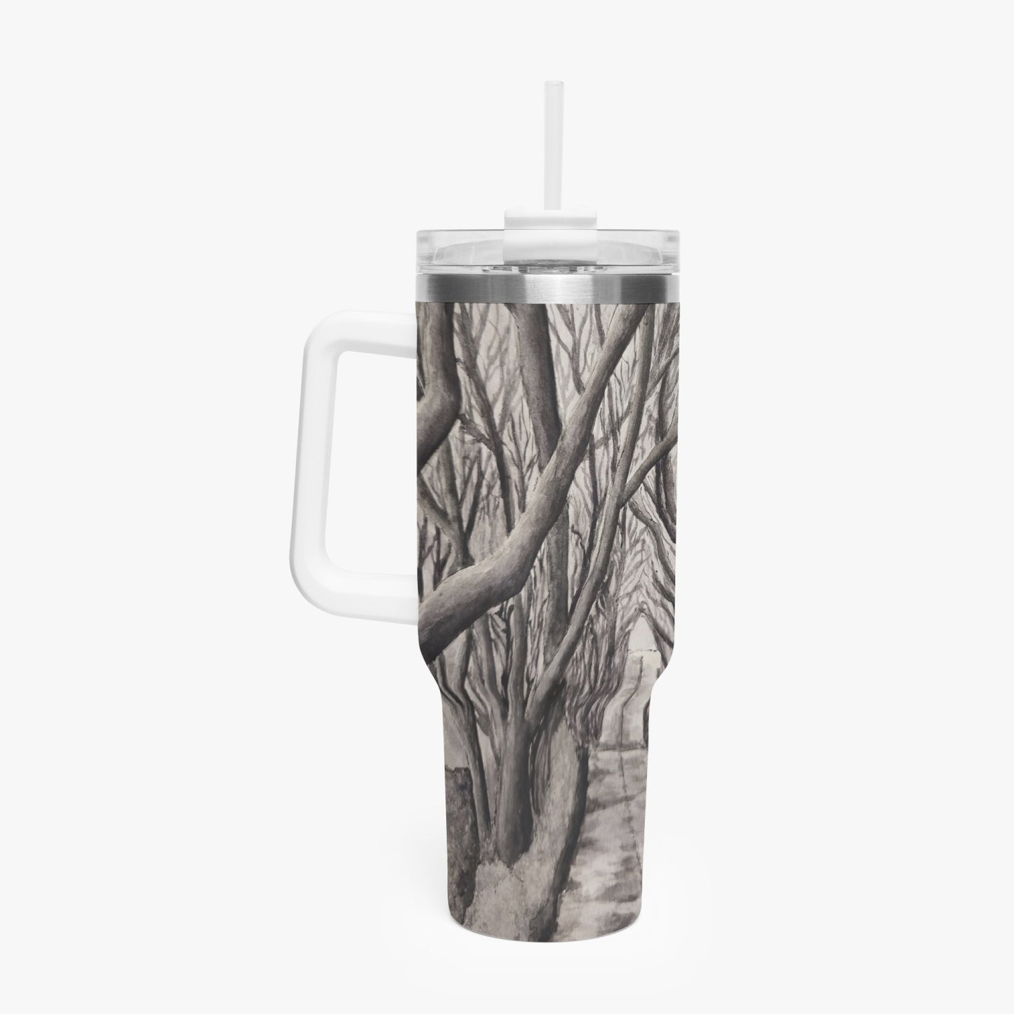 Stainless Steel Tumbler Cup - 40 0z Tranquil Timber Path, Forest Artwork by Cathy Dement, Artistic Travel Mug