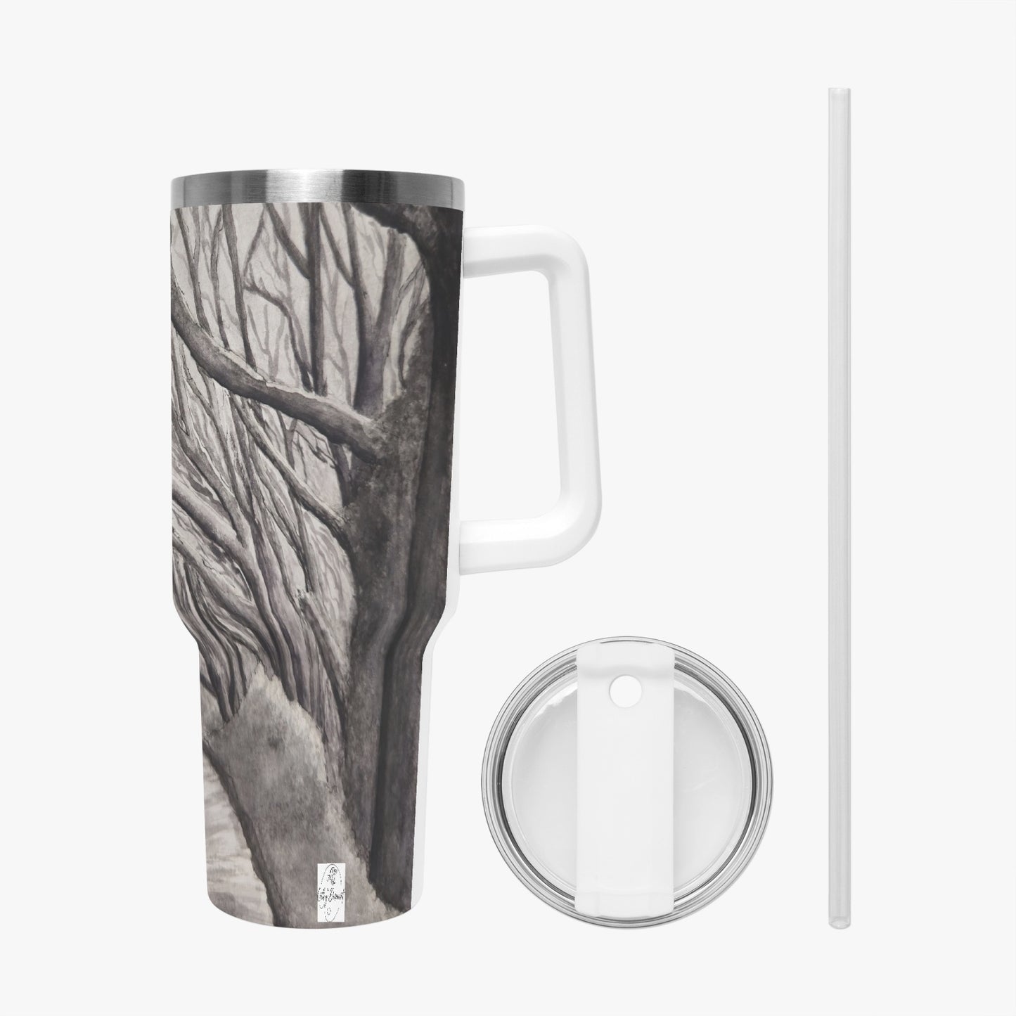 Stainless Steel Tumbler Cup - 40 0z Tranquil Timber Path, Forest Artwork by Cathy Dement, Artistic Travel Mug