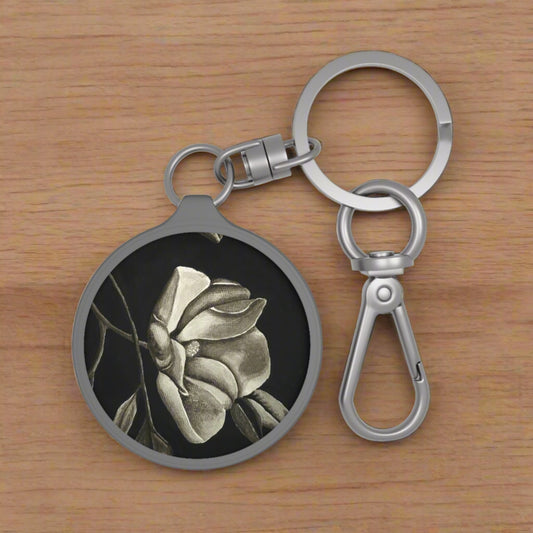 Midnight Magnolias - Monochrome Watercolor Artwork Keyring Tag, Artistic Key Chain