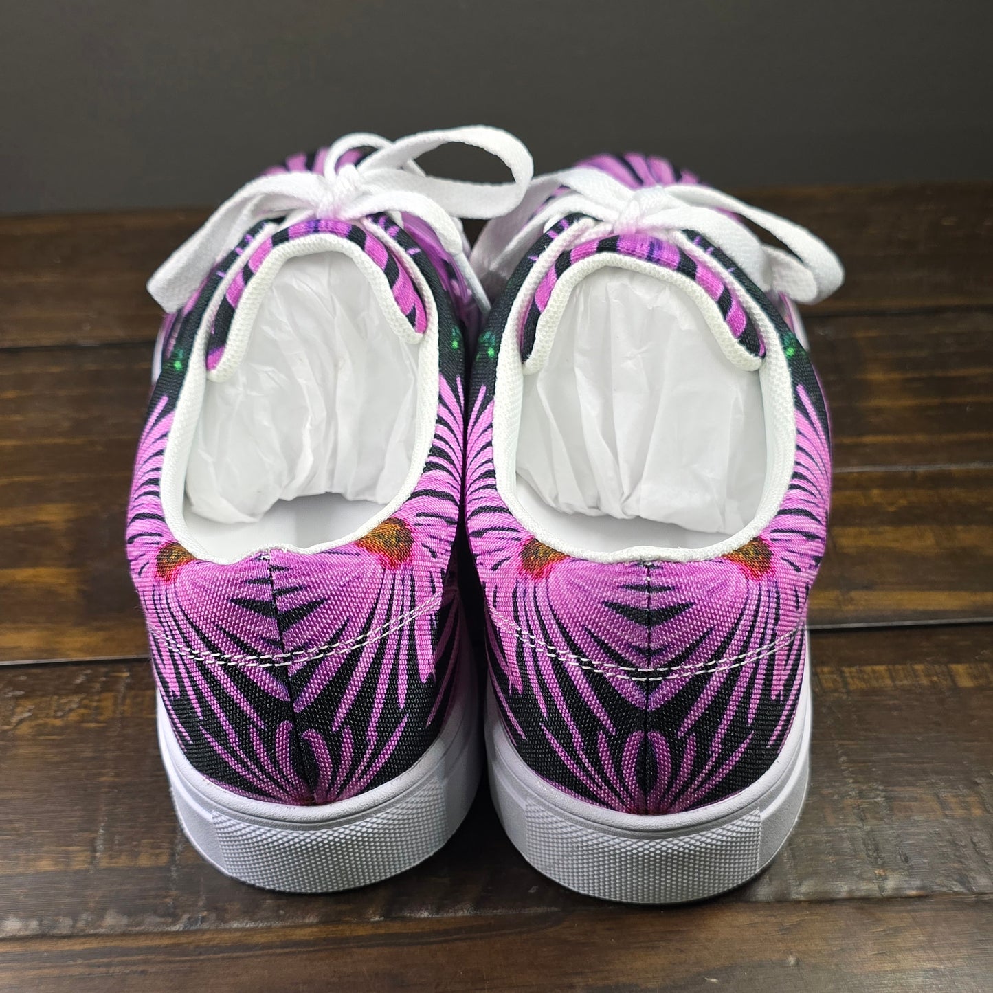 Women’s lace-up Canvas Shoes - Purple Aster Flowers with Bee Artwork, Floral Art