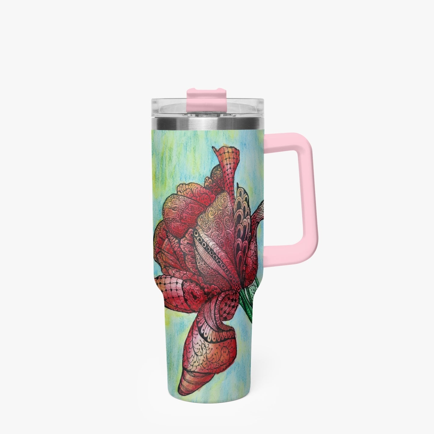 40oz Car Tumbler Cup - Zen Floral Harmony - Colorful Zentangle Flower Artwork Design