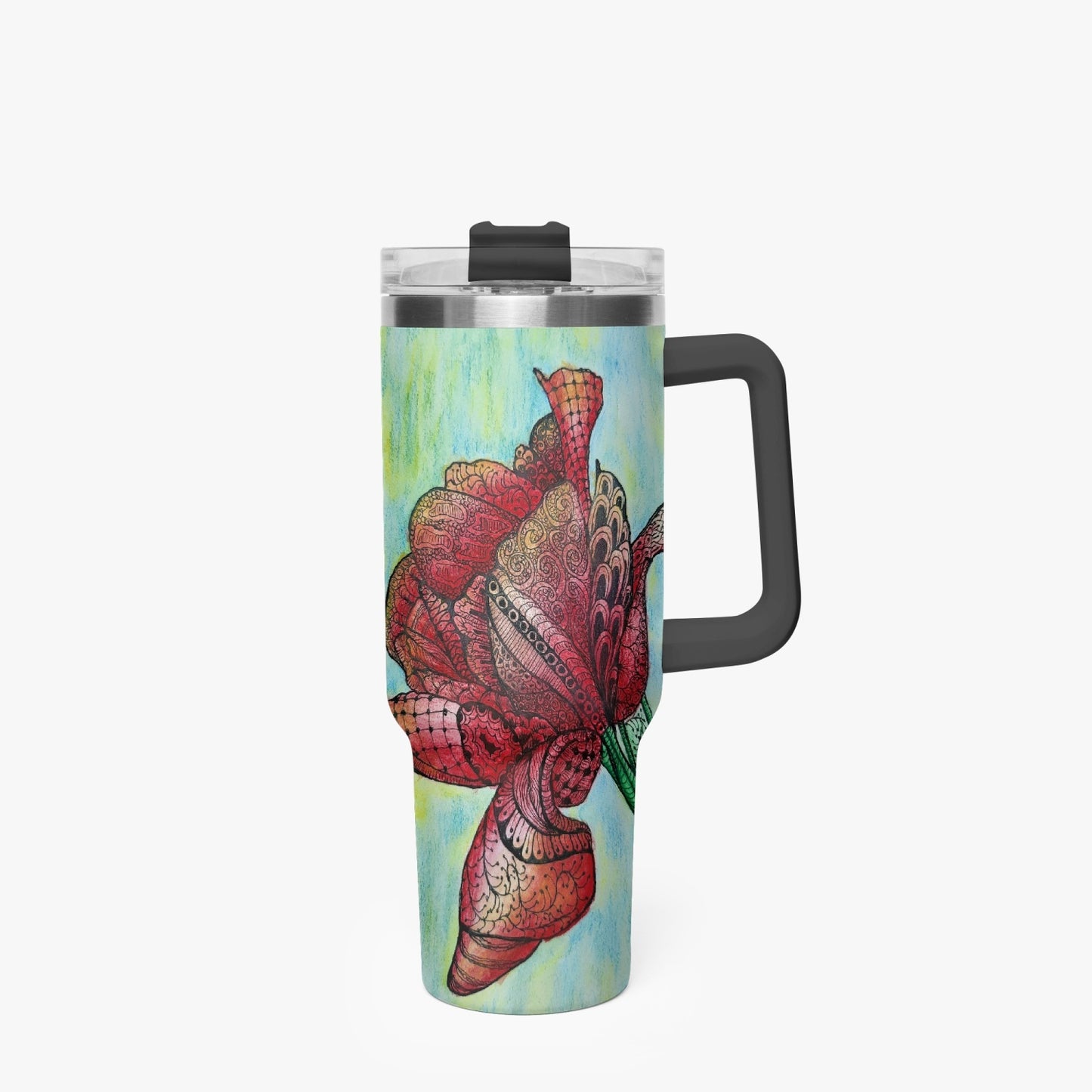 40oz Car Tumbler Cup - Zen Floral Harmony - Colorful Zentangle Flower Artwork Design