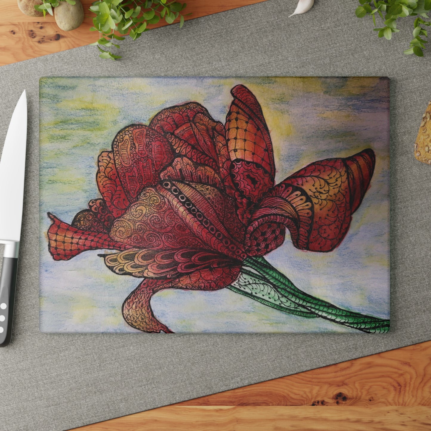 Artistic Floral Glass Cutting Board - Zen Floral Harmony - Elegant Kitchen Decor for Cooking & Serving