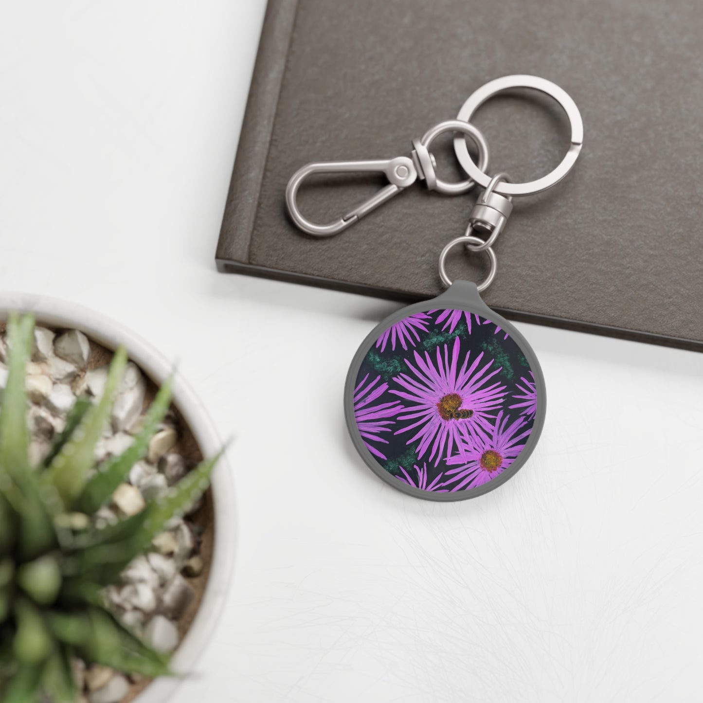 Keyring Tag - Purple Aster Flowers with Bee Artwork, Colorful Floral Artwork Design Key Chain