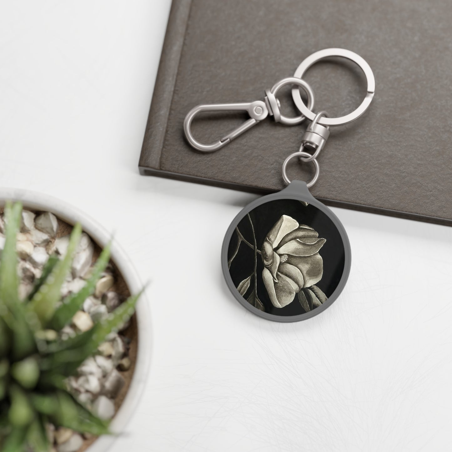Keyring Tag, Artistic Key Chain - Midnight Magnolias - Monochrome Floral Artwork Design