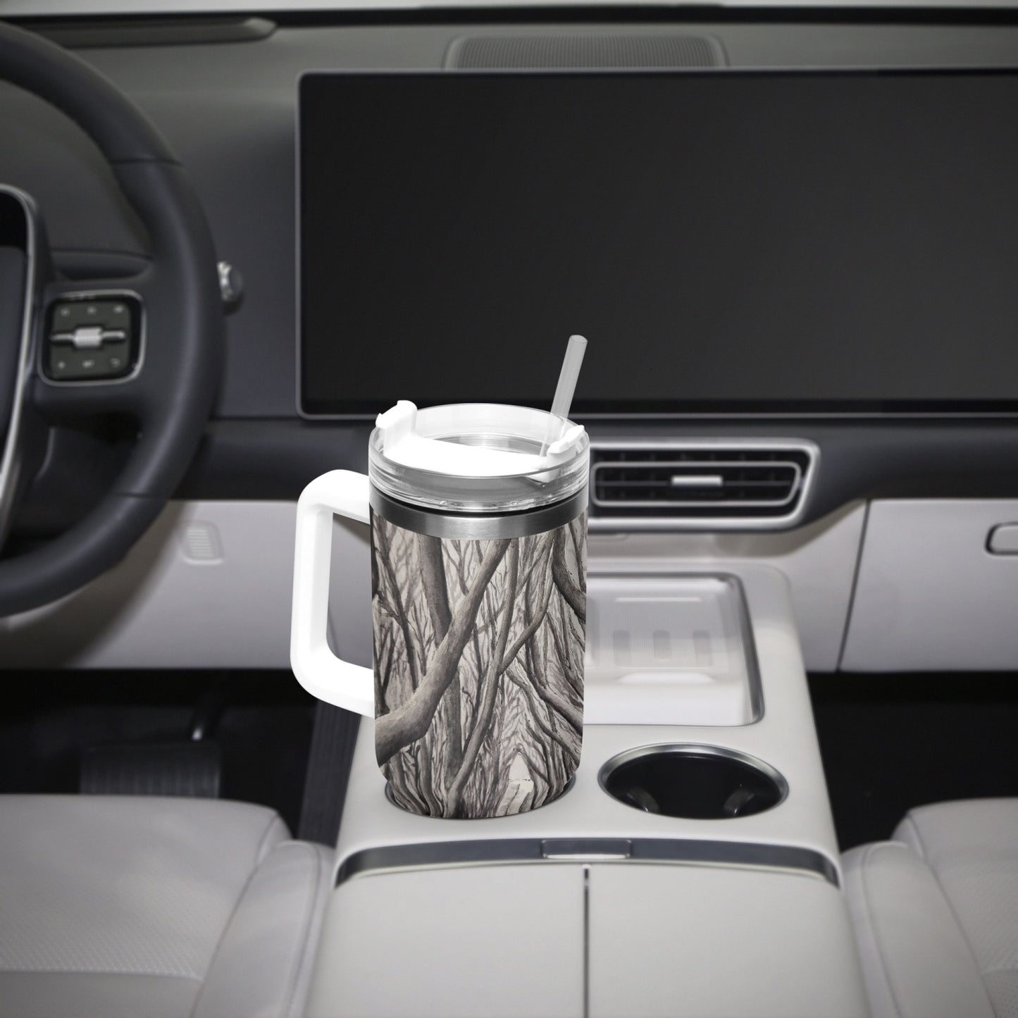 Stainless Steel Tumbler Cup - 40 0z Tranquil Timber Path, Forest Artwork by Cathy Dement, Artistic Travel Mug