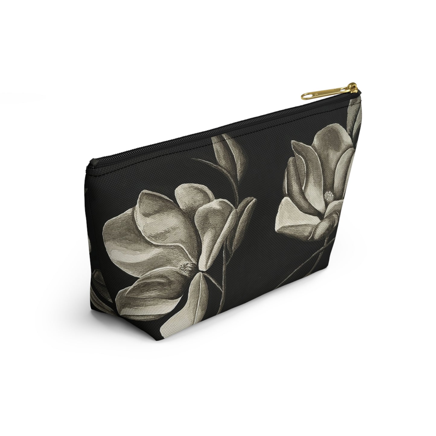 Accessory Pouch w T-bottom - Zippered Bag - Midnight Magnolias - Monochrome Floral Artwork Design