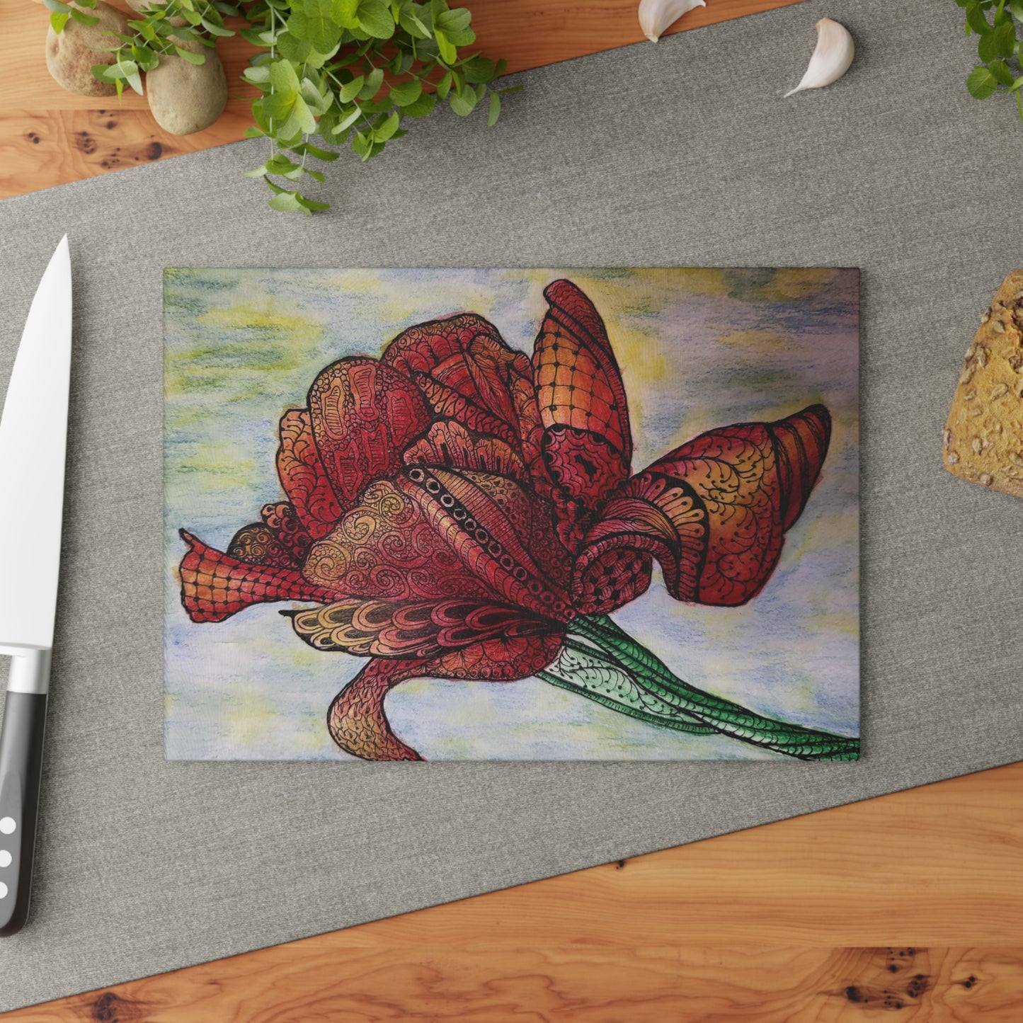 Artistic Floral Glass Cutting Board - Zen Floral Harmony - Elegant Kitchen Decor for Cooking & Serving