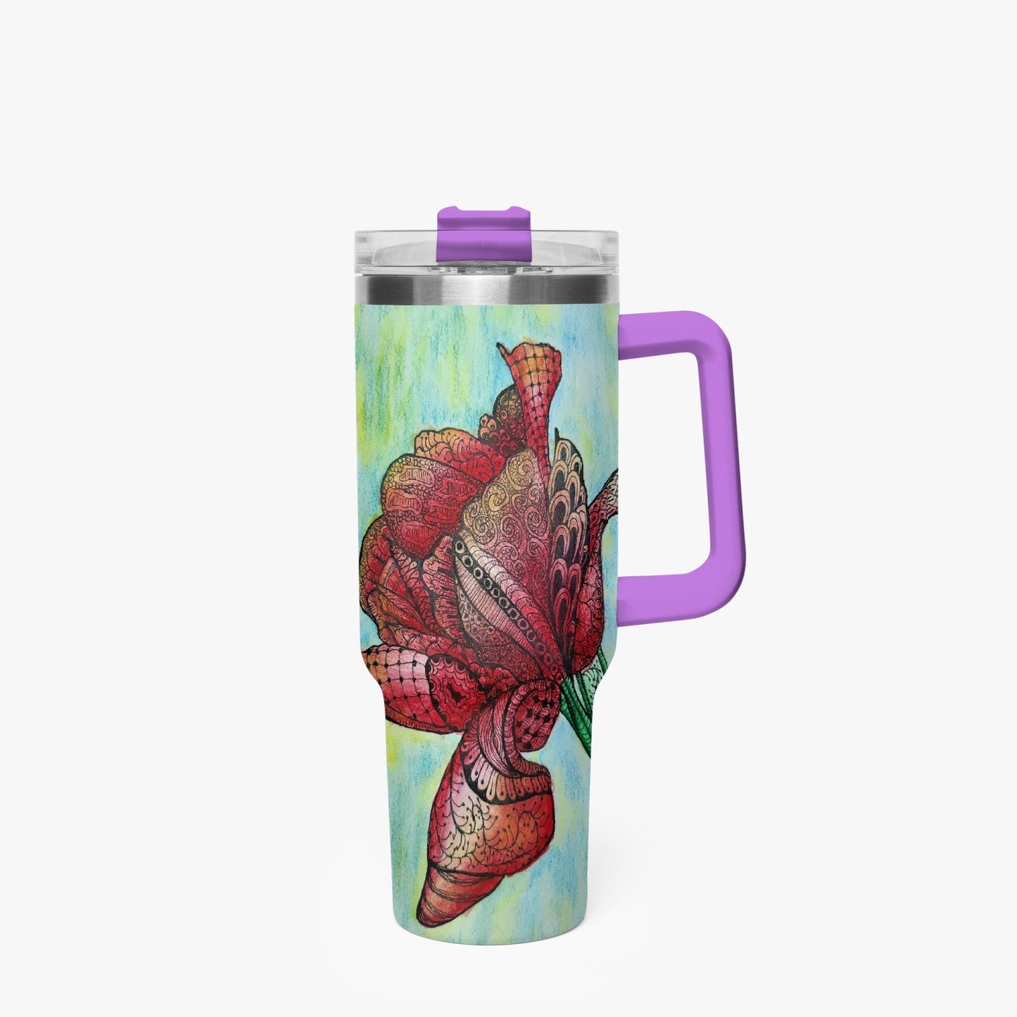 40oz Car Tumbler Cup - Zen Floral Harmony - Colorful Zentangle Flower Artwork Design