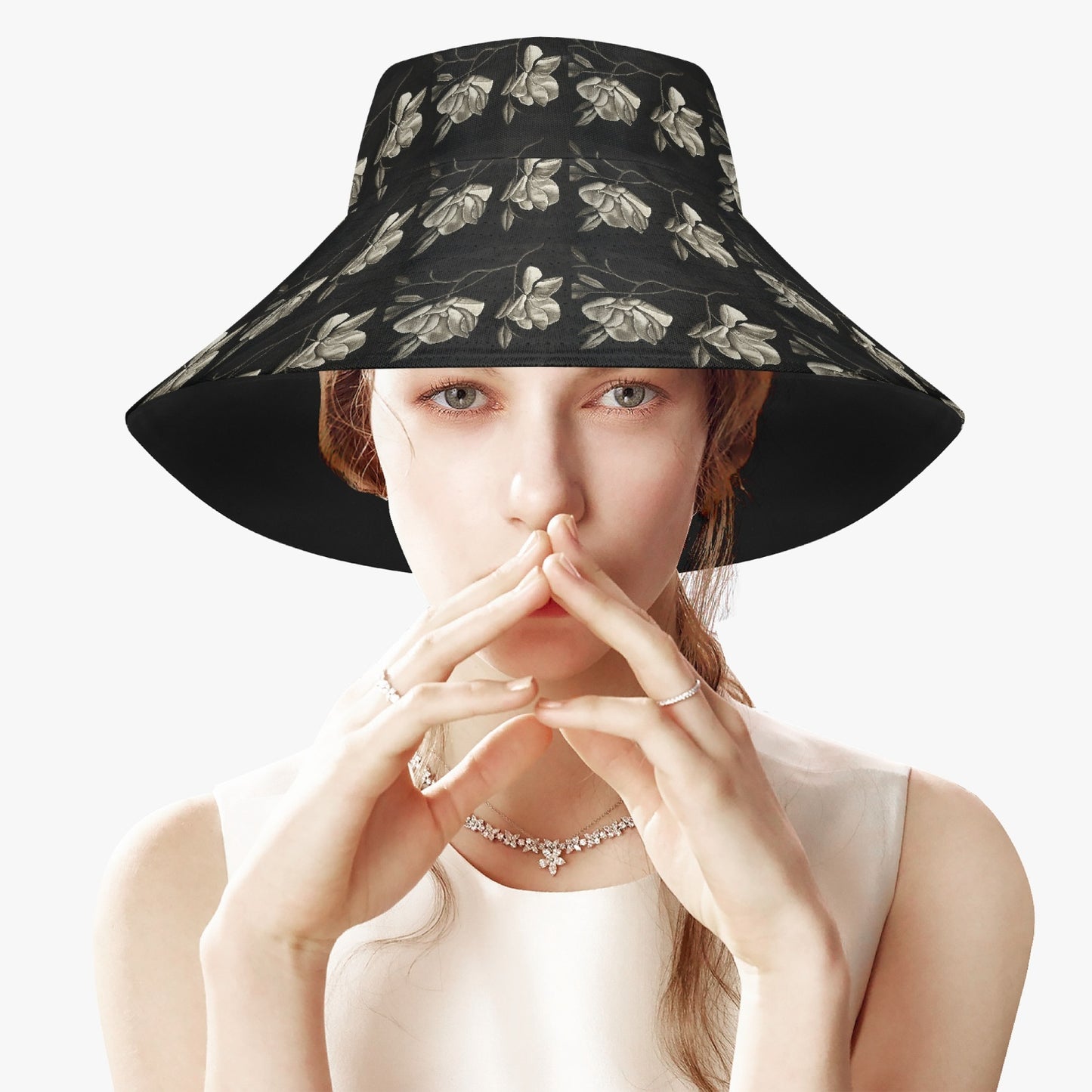 Floppy Beach Hat - Midnight Magnolias - Monochrome Black and White Magnolia Artwork Design