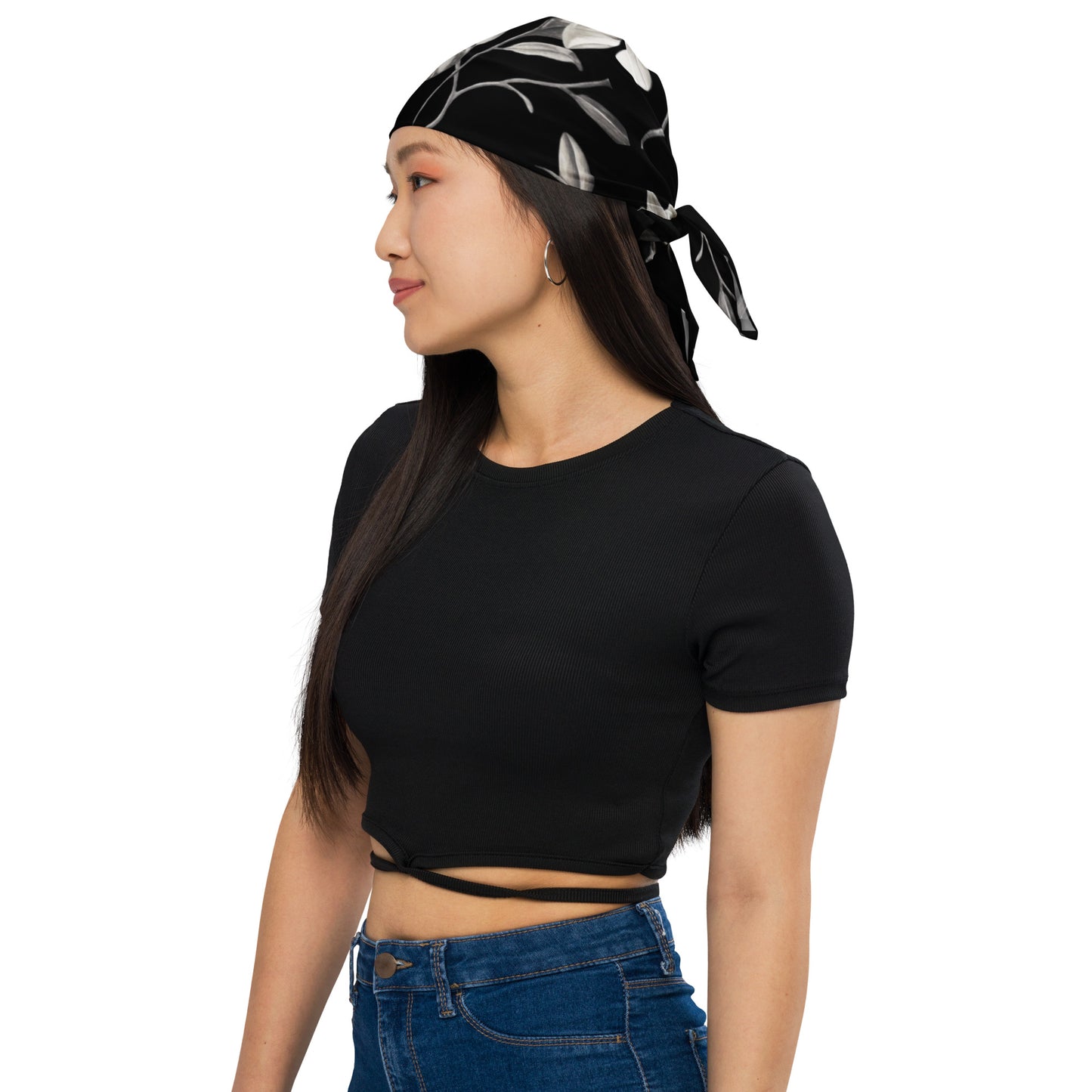 Bandana - Midnight Magnolias - Monochrome Scarf, Floral Artwork Design