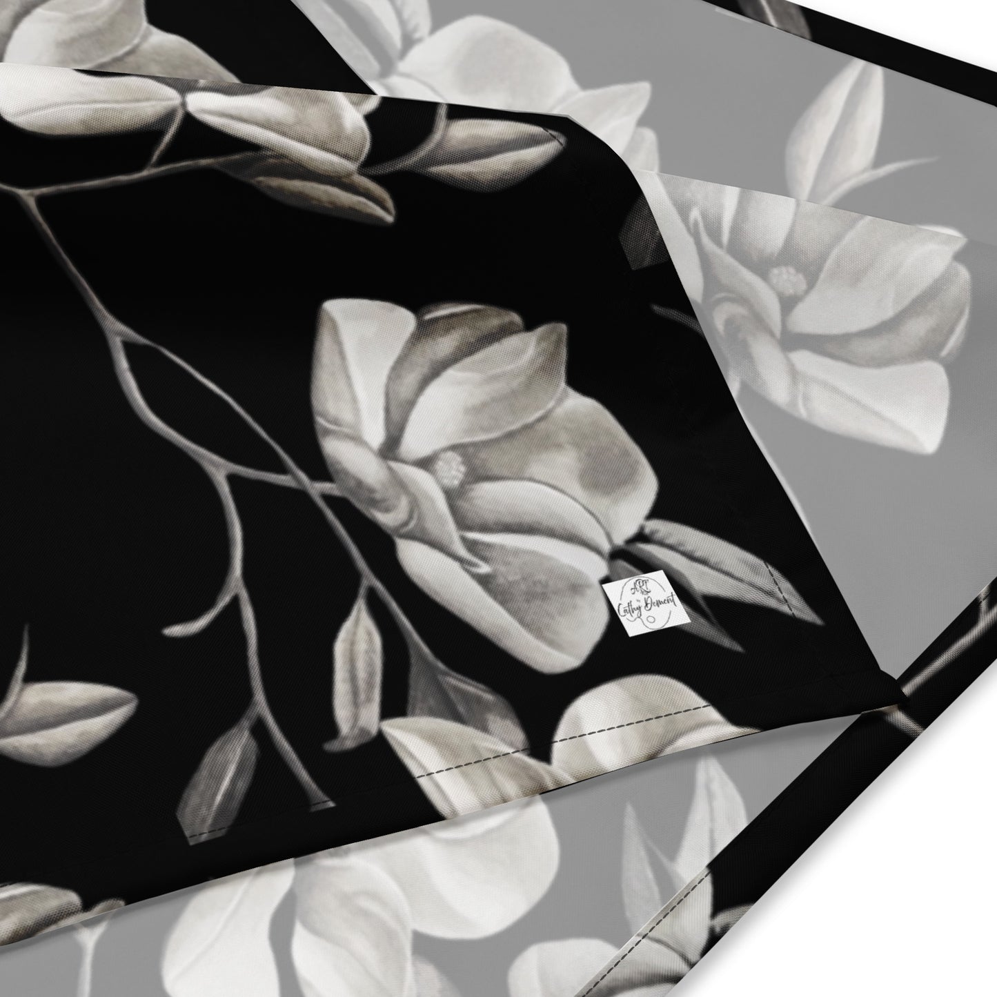 Bandana - Midnight Magnolias - Monochrome Scarf, Floral Artwork Design