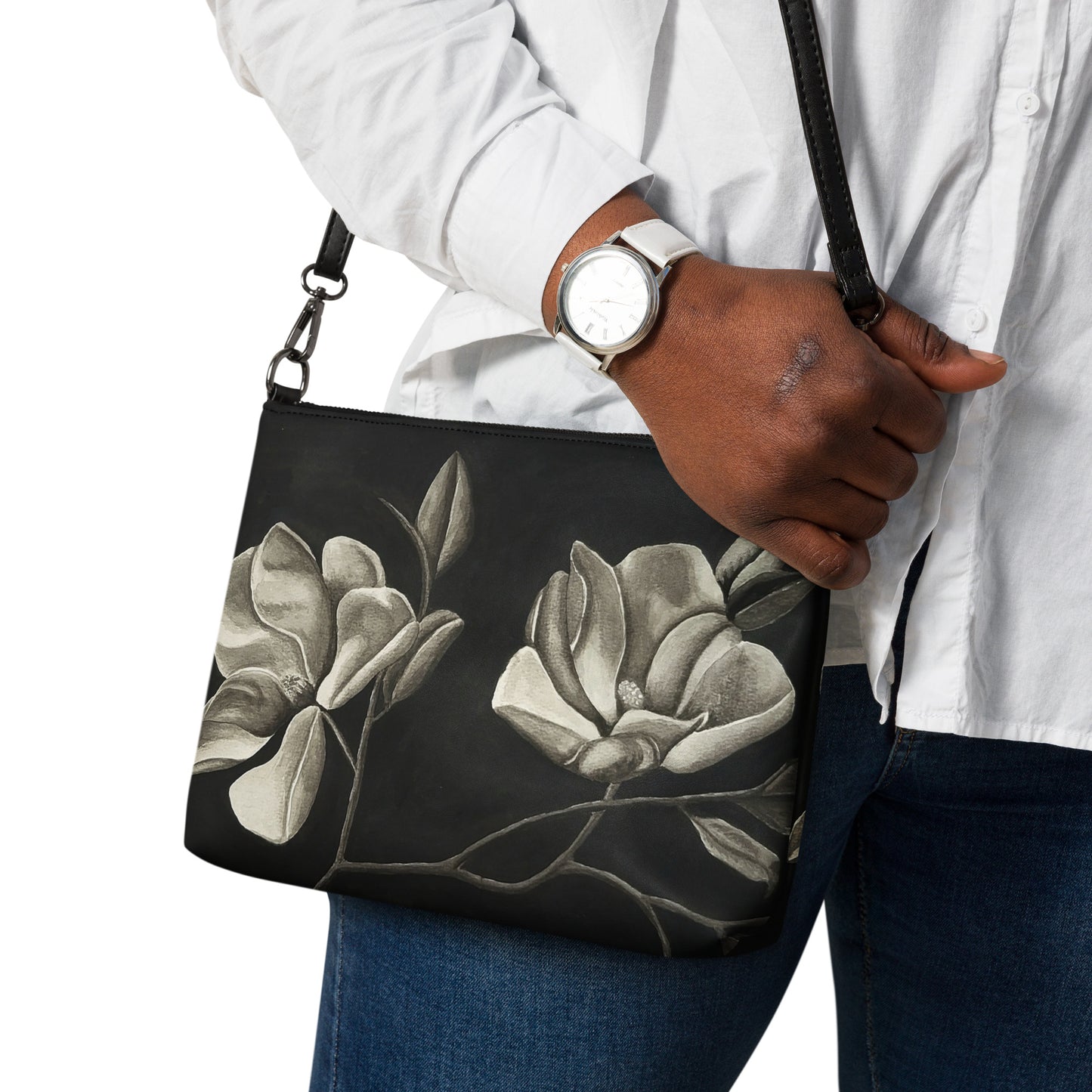 Crossbody Bag - Midnight Magnolias, Original Watercolor Artwork by Cathy Dement, Faux Leather, Interchangeable Wrist Strap