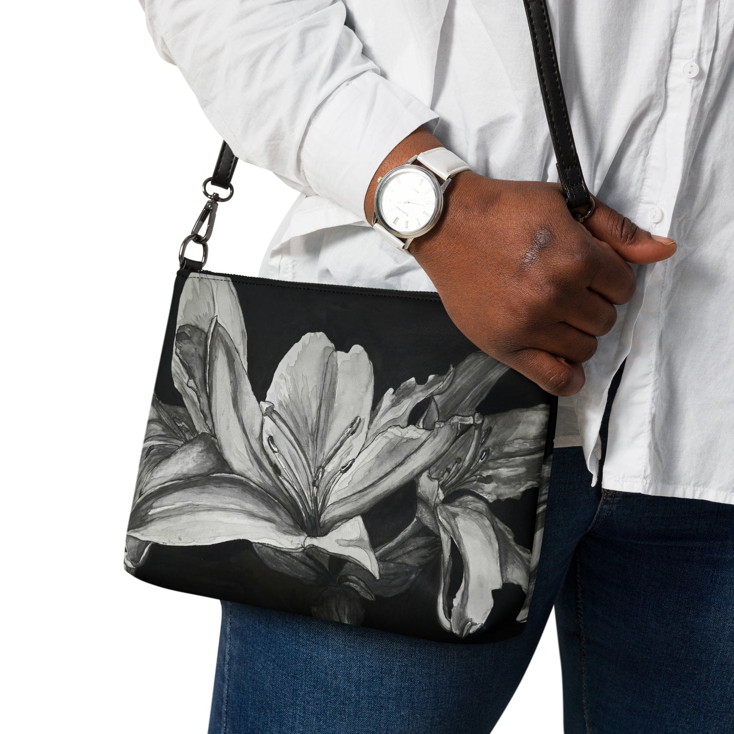 Crossbody Bag -Floral Elegance, Monochrome Lily Artwork by Cathy Dement, Faux Leather, Interchangeable Wrist Strap