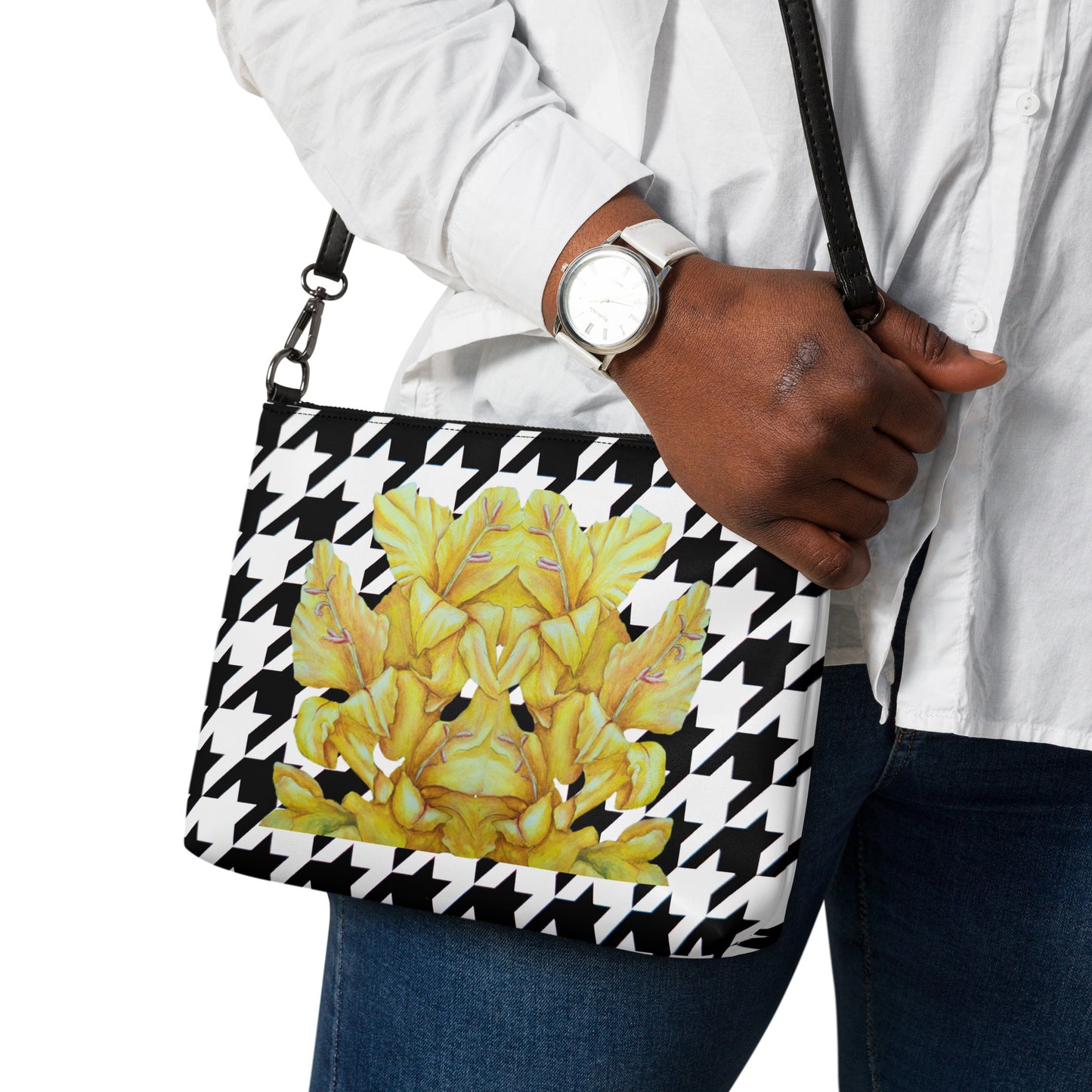 Crossbody Bag - Sunny Blooms, Houndstooth Pattern Yellow Gladiola Artwork Design by Cathy Dement, Faux Leather, Interchangeable Wrist Strap