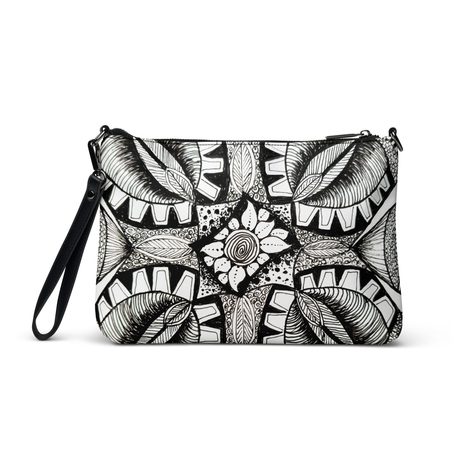 Crossbody Bag, Artwork Purse - Zen-dala, Monochrome Floral Zentangle Art by Cathy Dement, Faux Leather, Interchangeable Wrist Strap