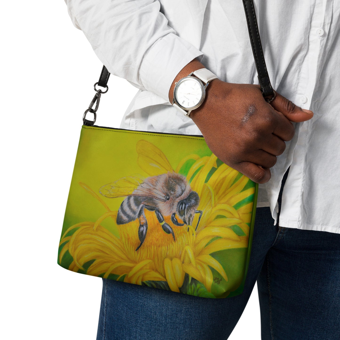 Crossbody Bag - What's For Dinner, Honey? - Colorful Yellow Flower With Bee Artwork Purse
