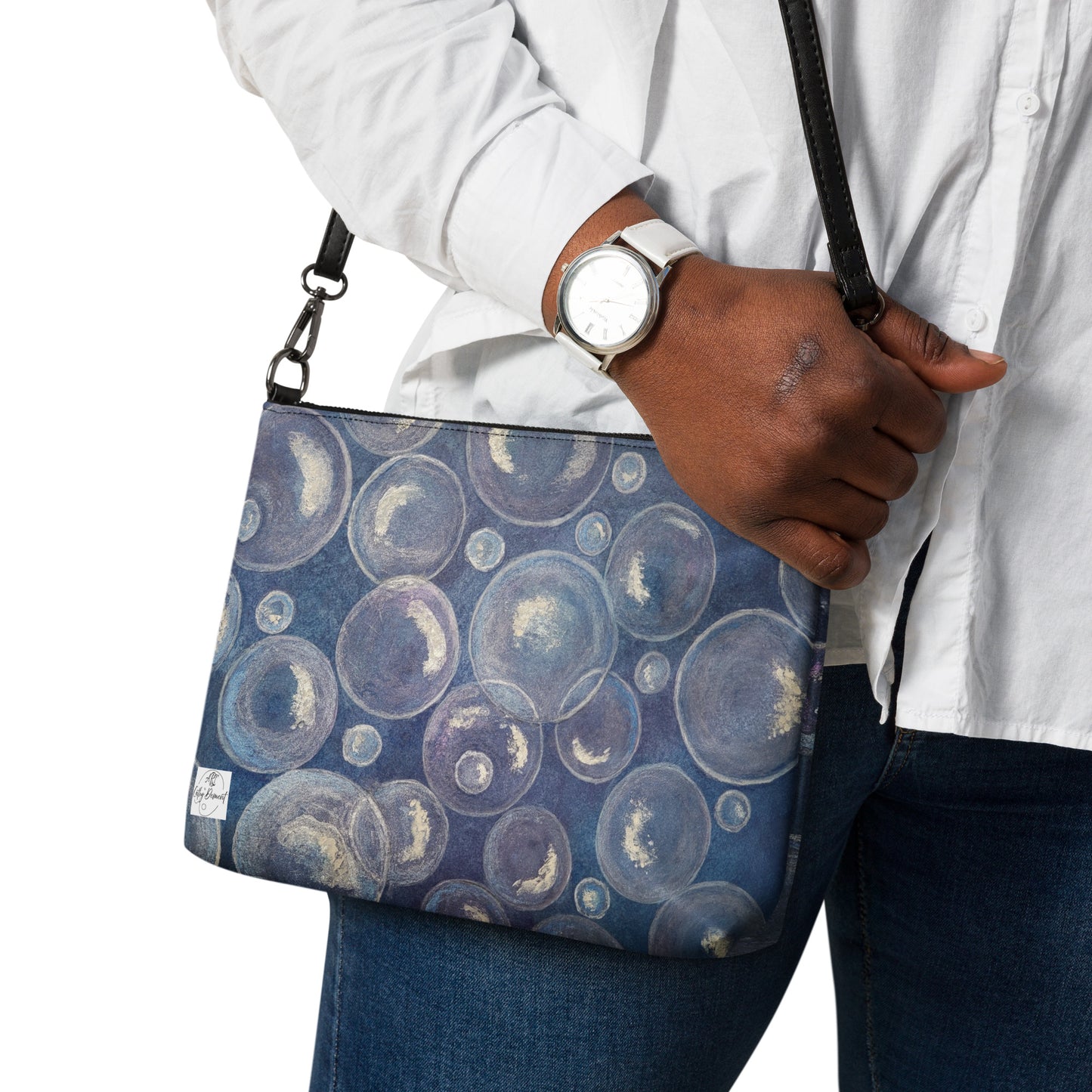 Crossbody Bag - Tranquil Reflections, Blue and White Bubble Artwork by Cathy Dement, Interchangeable Wrist Strap
