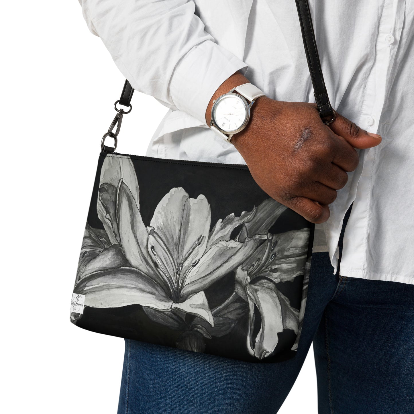 Crossbody Bag -Floral Elegance, Monochrome Lily Artwork by Cathy Dement, Faux Leather, Interchangeable Wrist Strap