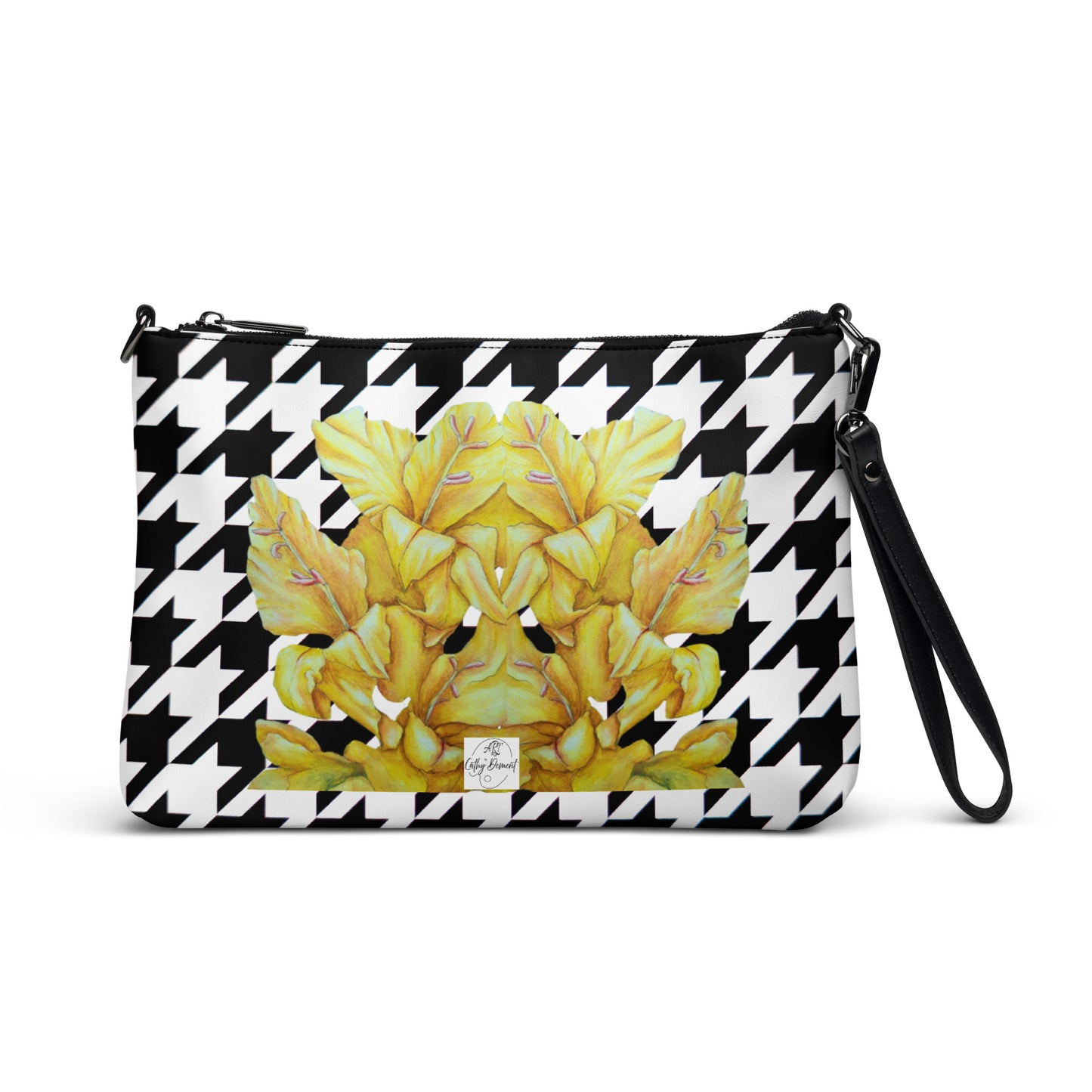 Houndstooth Pattern Crossbody Bag - Yellow Gladiola Artwork Design by Cathy Dement, Faux Leather