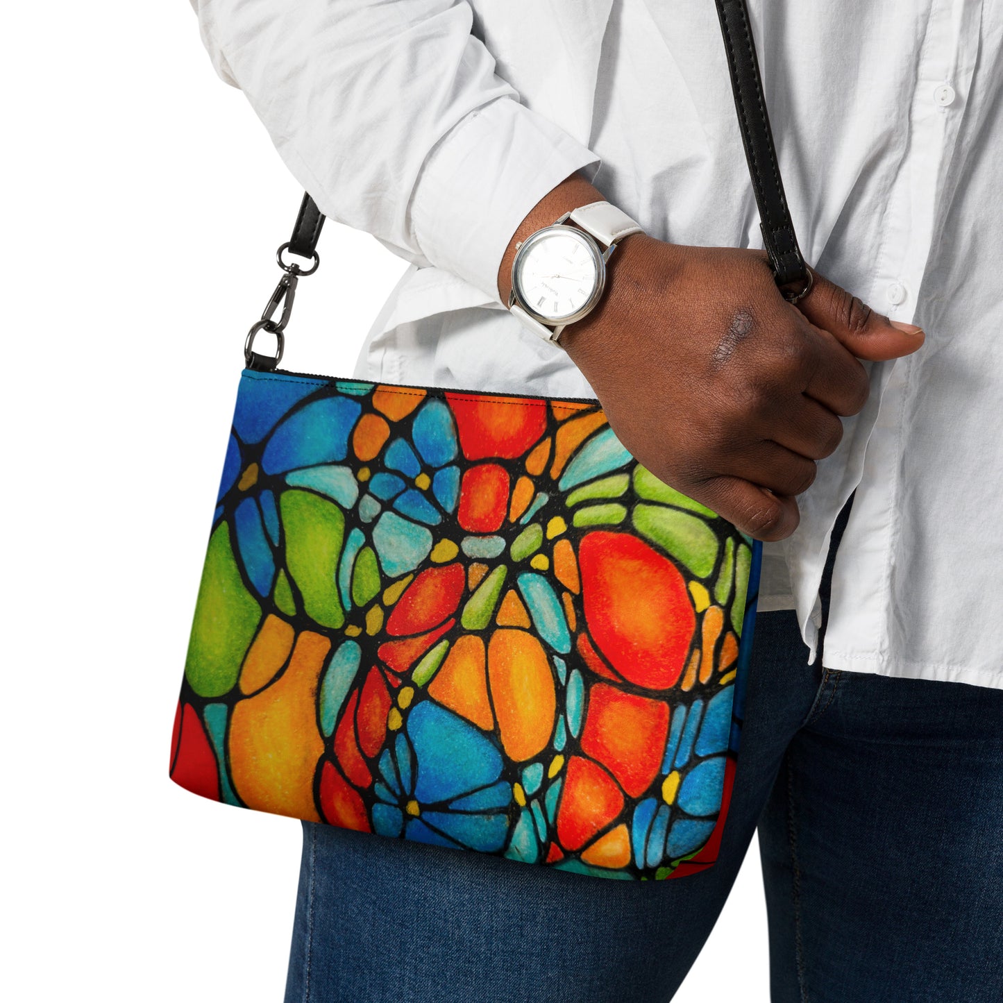 Crossbody Bag, Artwork Purse - Petals in Motion - Abstract Floral Artwork by Cathy Dement, Faux Leather, Interchangeable Wrist Strap