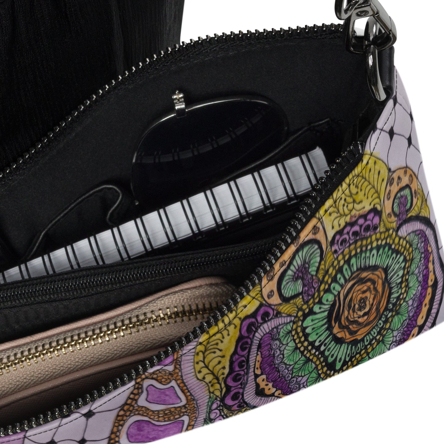 Crossbody Bag - Zen Floral Bliss, Zentangle Design Floral Art by Cathy Dement, Faux Leather, Interchangeable Wrist Strap