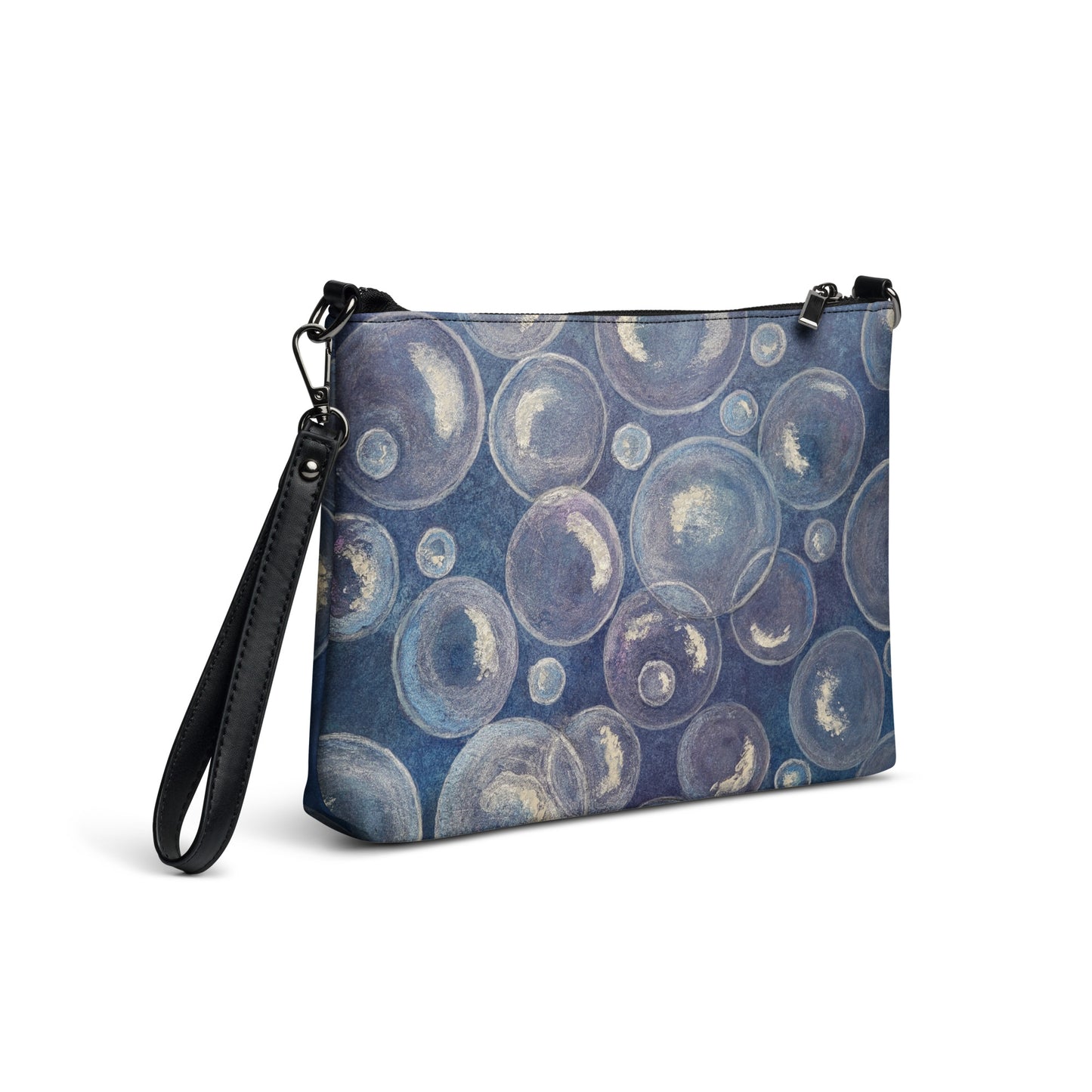 Crossbody Bag - Tranquil Reflections, Blue and White Bubble Artwork by Cathy Dement, Interchangeable Wrist Strap