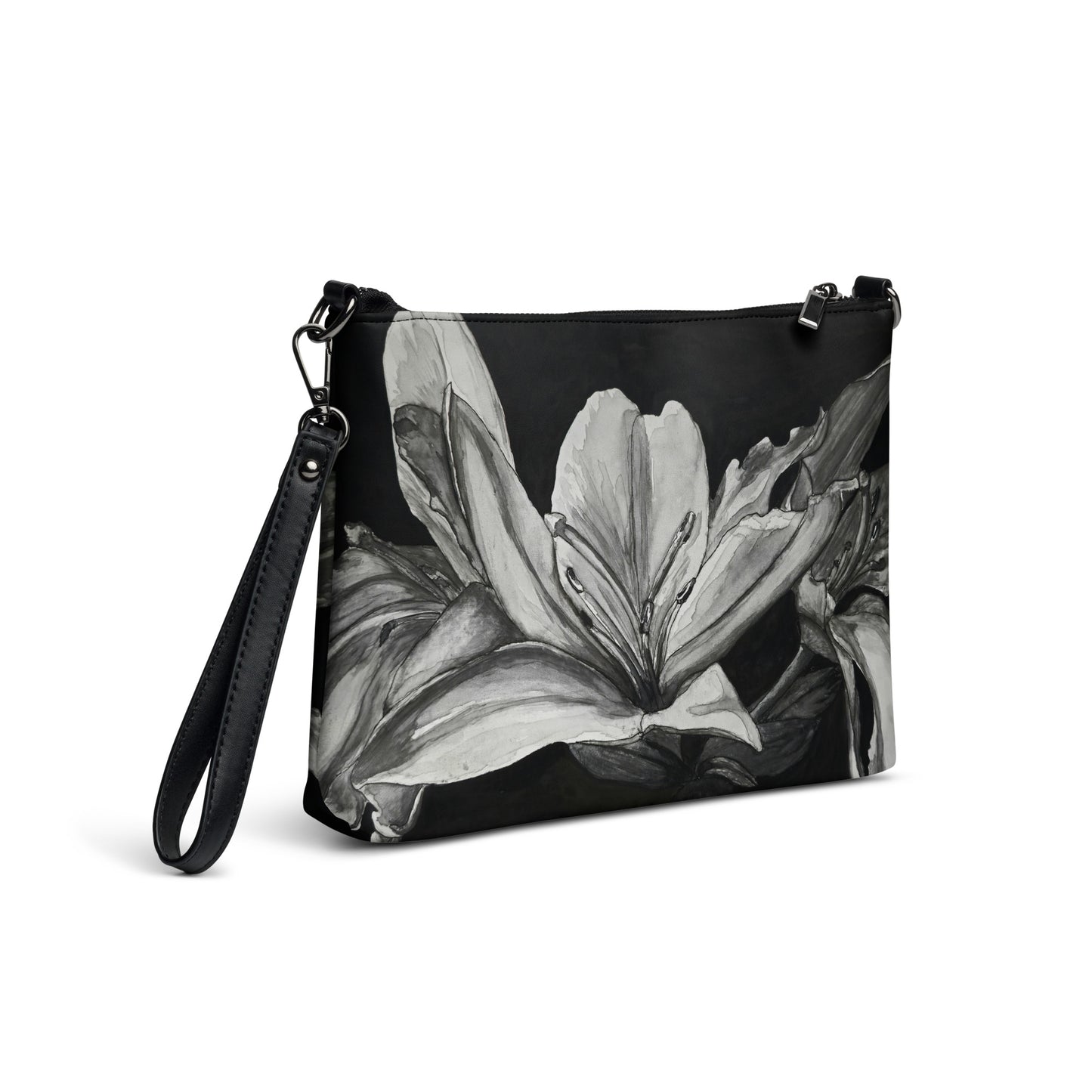 Crossbody Bag -Floral Elegance, Monochrome Lily Artwork by Cathy Dement, Faux Leather, Interchangeable Wrist Strap