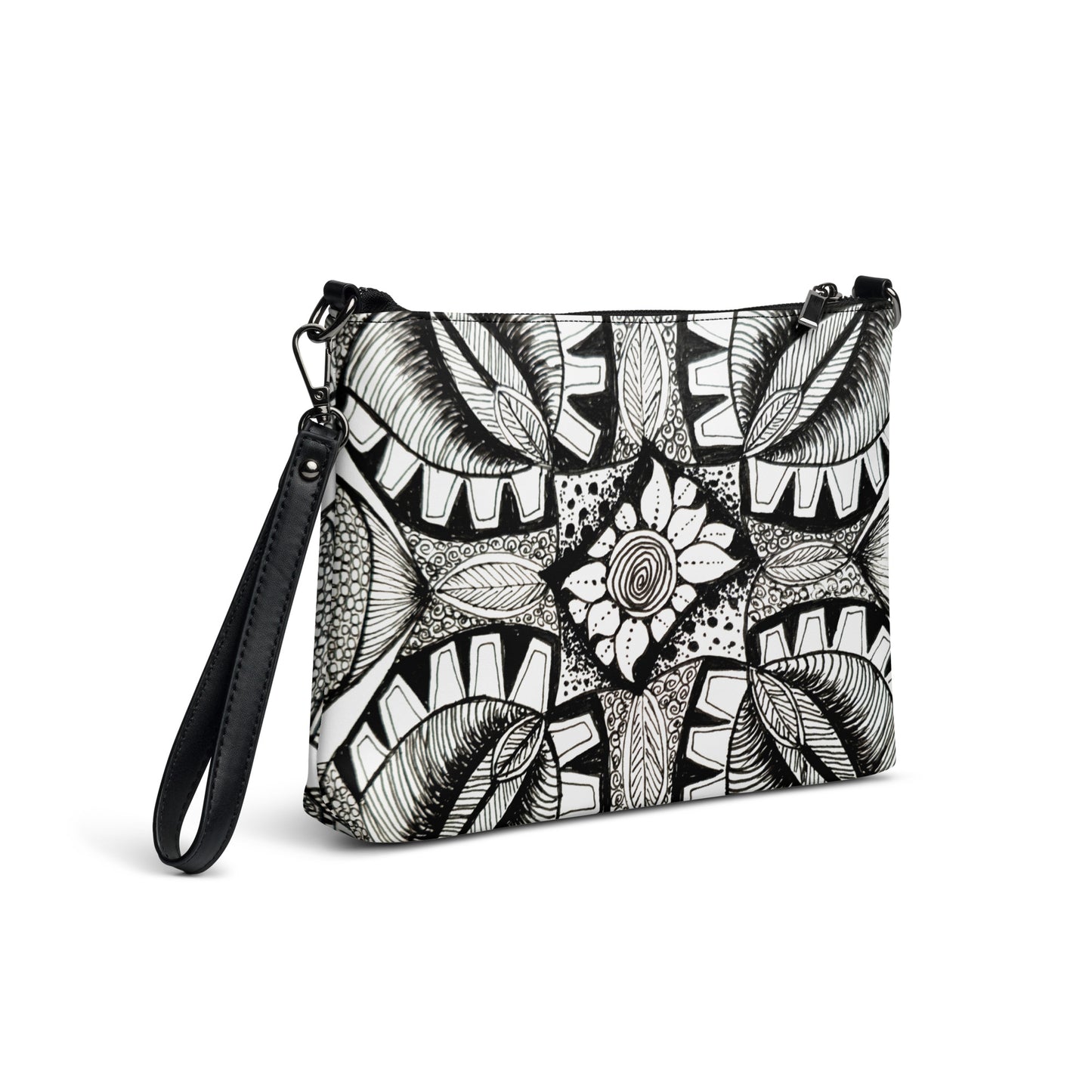 Crossbody Bag, Artwork Purse - Zen-dala, Monochrome Floral Zentangle Art by Cathy Dement, Faux Leather, Interchangeable Wrist Strap