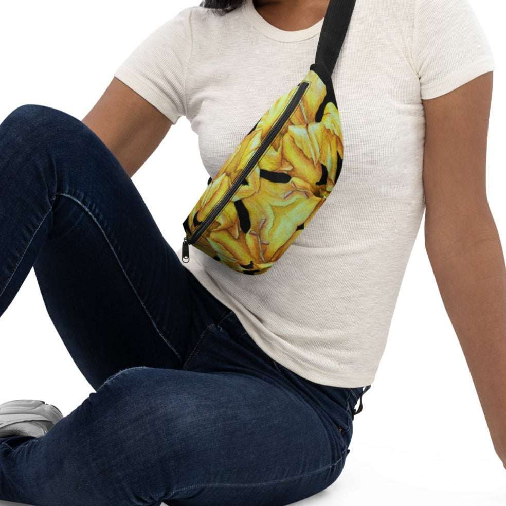 Sunny Blooms Fanny Pack - Yellow Gladiola Floral Design by Cathy Dement, Adjustable Straps, Water-Resistant Belt Bag,