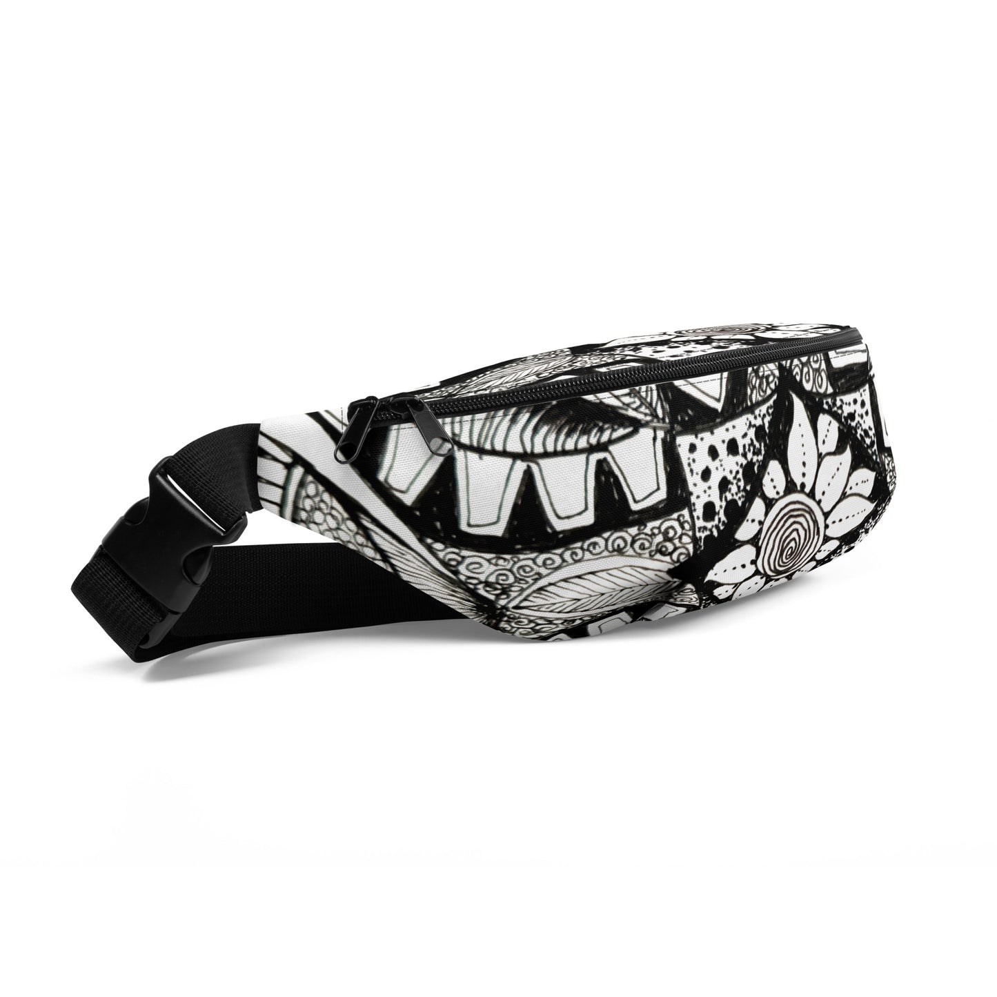 Fanny Pack: Zen-dala, Monochrome Floral Artwork Design, Belt Bag by Cathy Dement
