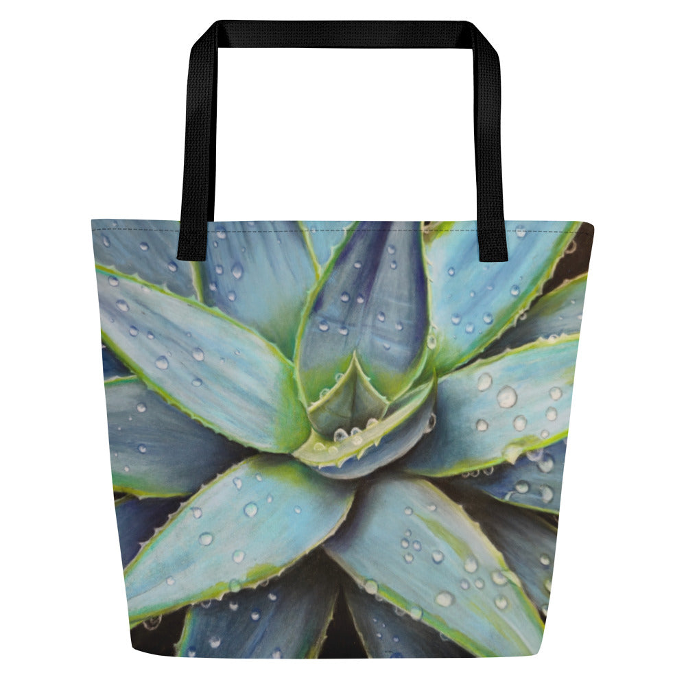 Large Tote Bag with Pocket - Desert Jewel - Vibrant Agave Plant with Dew Drops Artwork by Cathy Dement