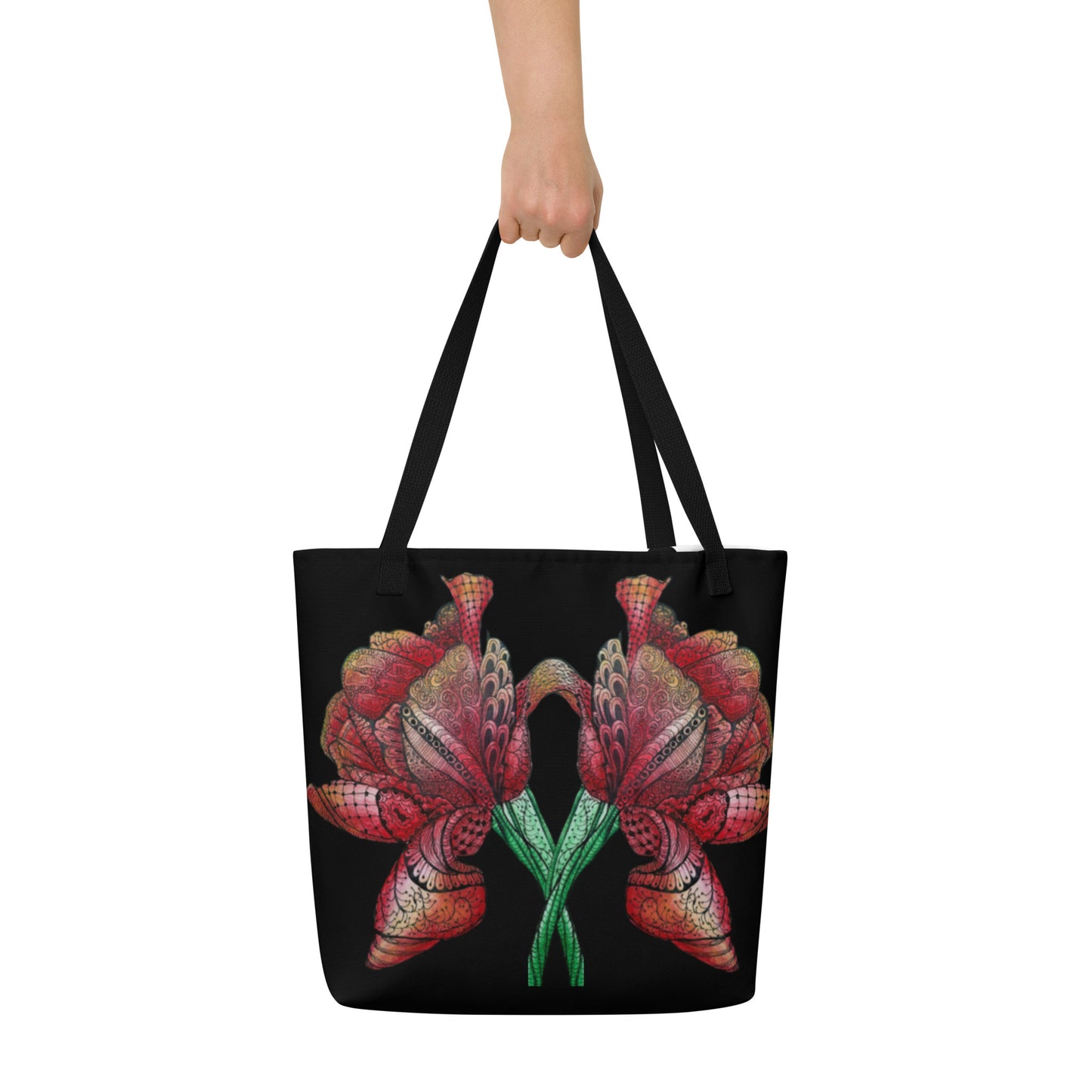 Large Tote Bag with Pocket: Zen Floral Harmony Zentangle Artwork Design - 16x20" Vibrant & Durable by Cathy Dement