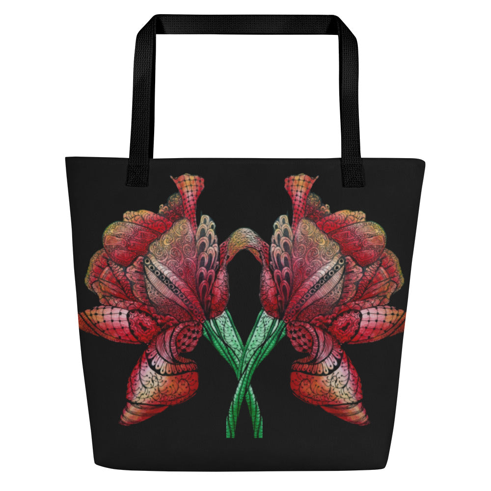 Large Tote Bag with Pocket: Zen Floral Harmony Zentangle Artwork Design - 16x20" Vibrant & Durable by Cathy Dement