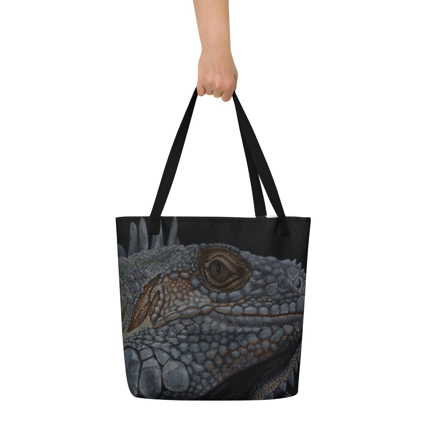Large Tote Bag with Pocket: Reflective Reverie - Iguana's Gaze Artwork Design by Cathy Dement, 16x20