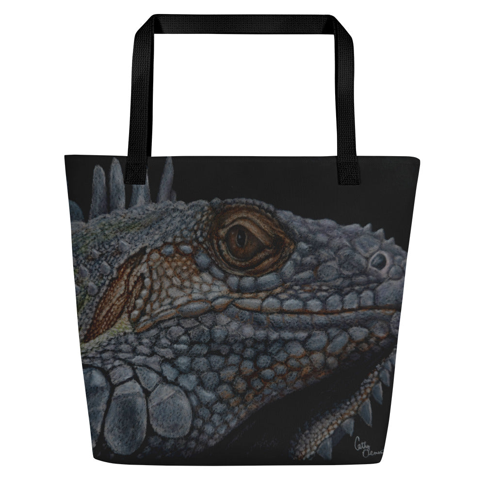 Large Tote Bag with Pocket: Reflective Reverie - Iguana's Gaze Artwork Design by Cathy Dement, 16x20