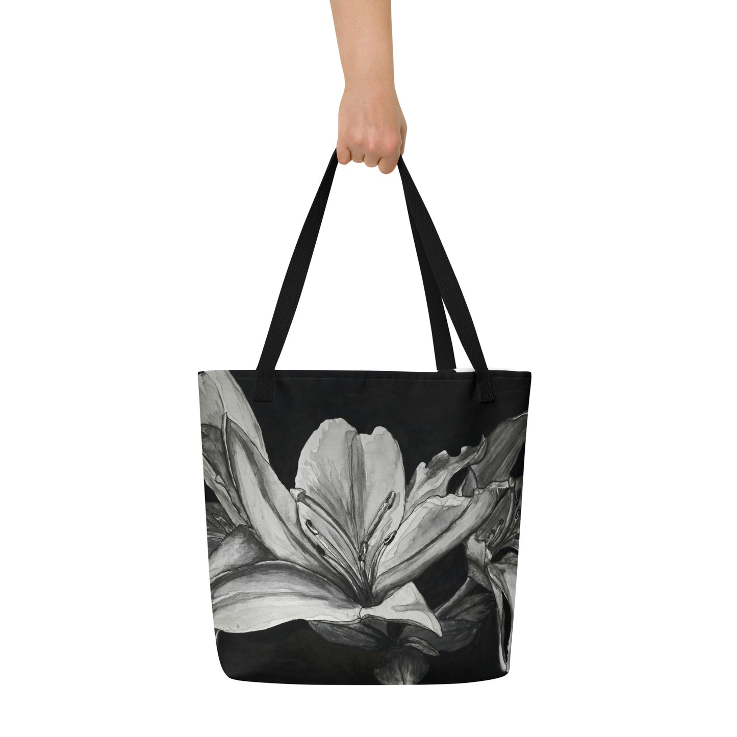 Large Tote Bag with Pocket: Floral Elegance - Lily Artwork Design by Cathy Dement, 16x20 Inches