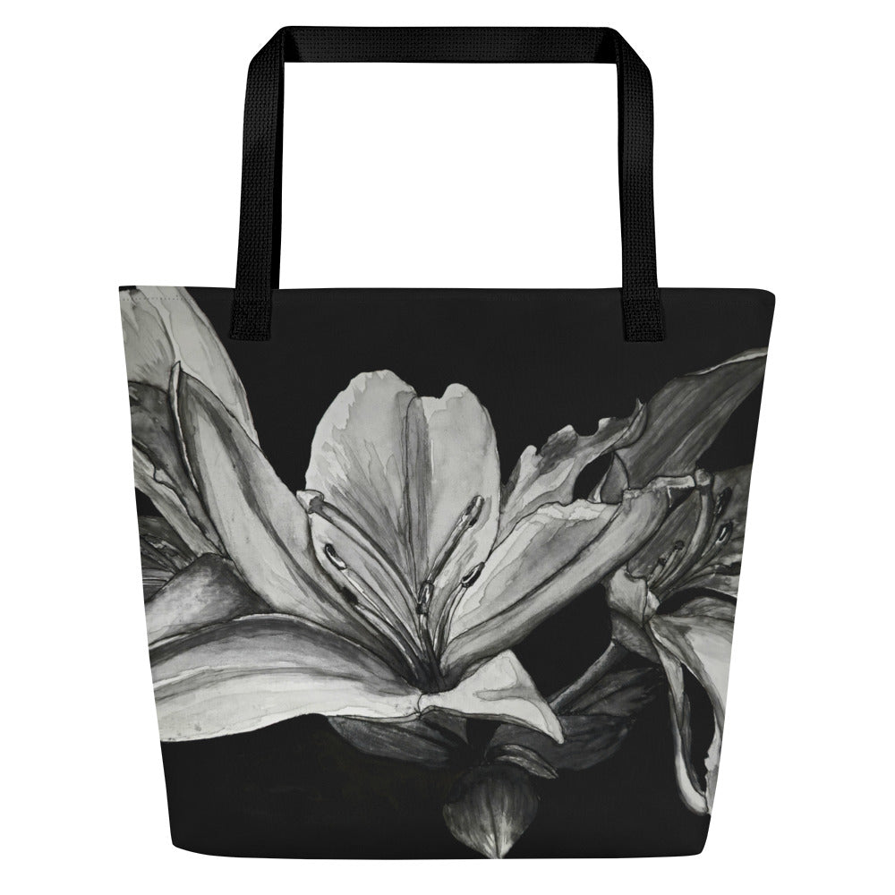 Large Tote Bag with Pocket: Floral Elegance - Lily Artwork Design by Cathy Dement, 16x20 Inches