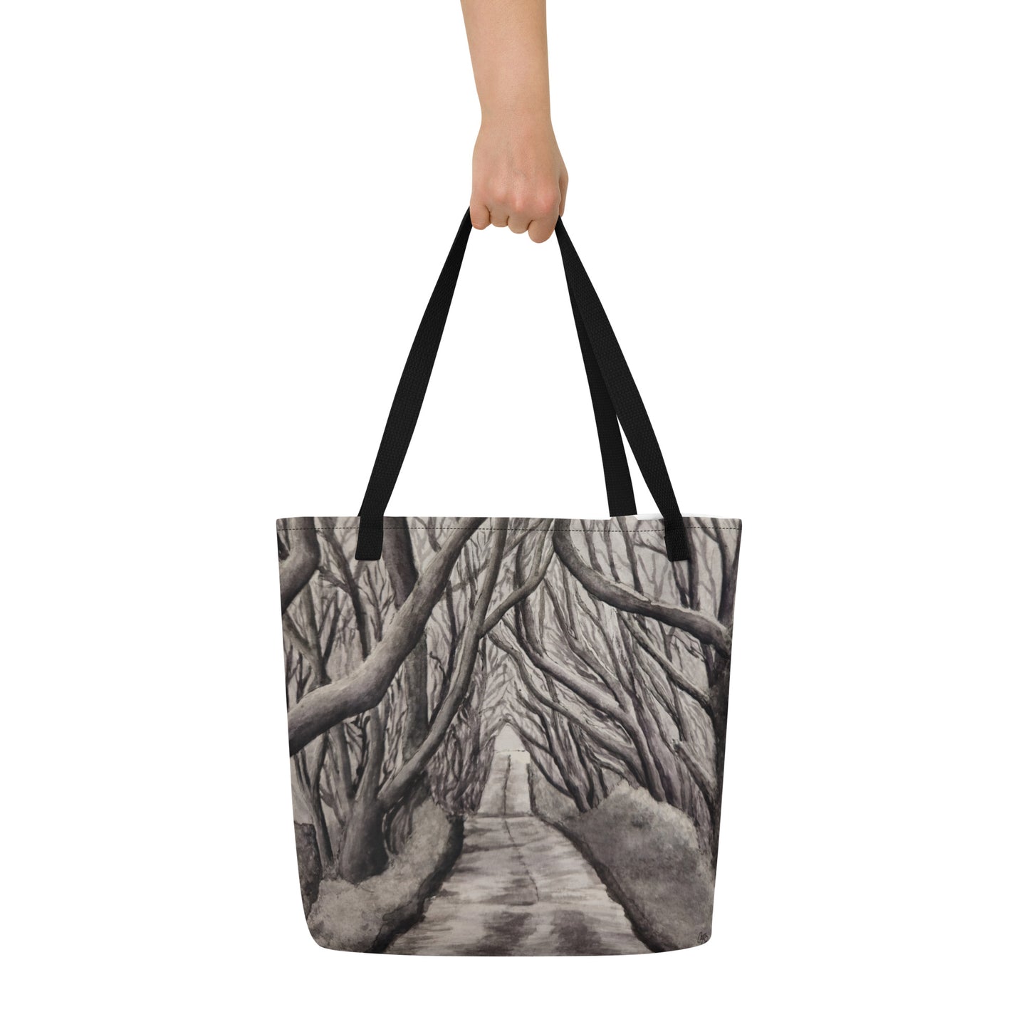 Large Tote Bag with Pocket: Tranquil Timber Forest Path Artwork Design by Cathy Dement, 16x20 Inches