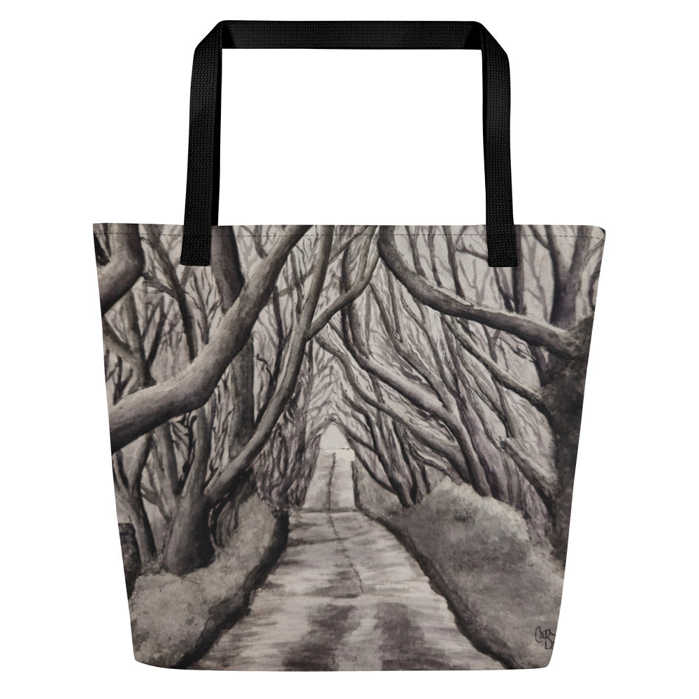 Large Tote Bag with Pocket: Tranquil Timber Forest Path Artwork Design by Cathy Dement, 16x20 Inches