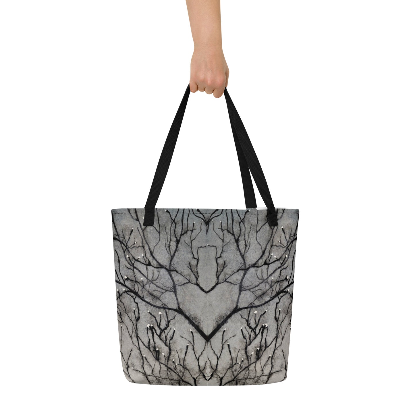 Large Tote Bag with Pocket: Tranquil Dawn Misty Morning - Serene Tree Branches with Dew Drops Design by Cathy Dement, 16x20 Inches