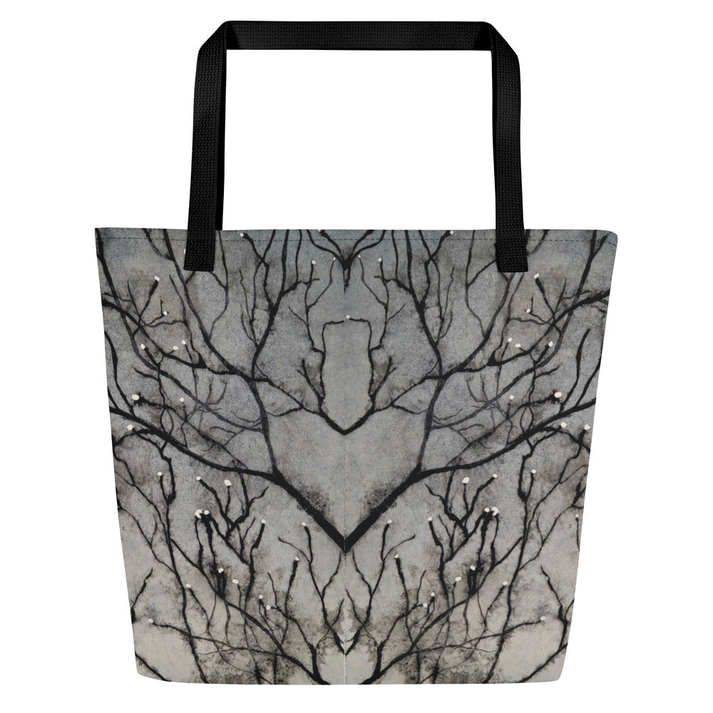 Large Tote Bag with Pocket: Tranquil Dawn Misty Morning - Serene Tree Branches with Dew Drops Design by Cathy Dement, 16x20 Inches
