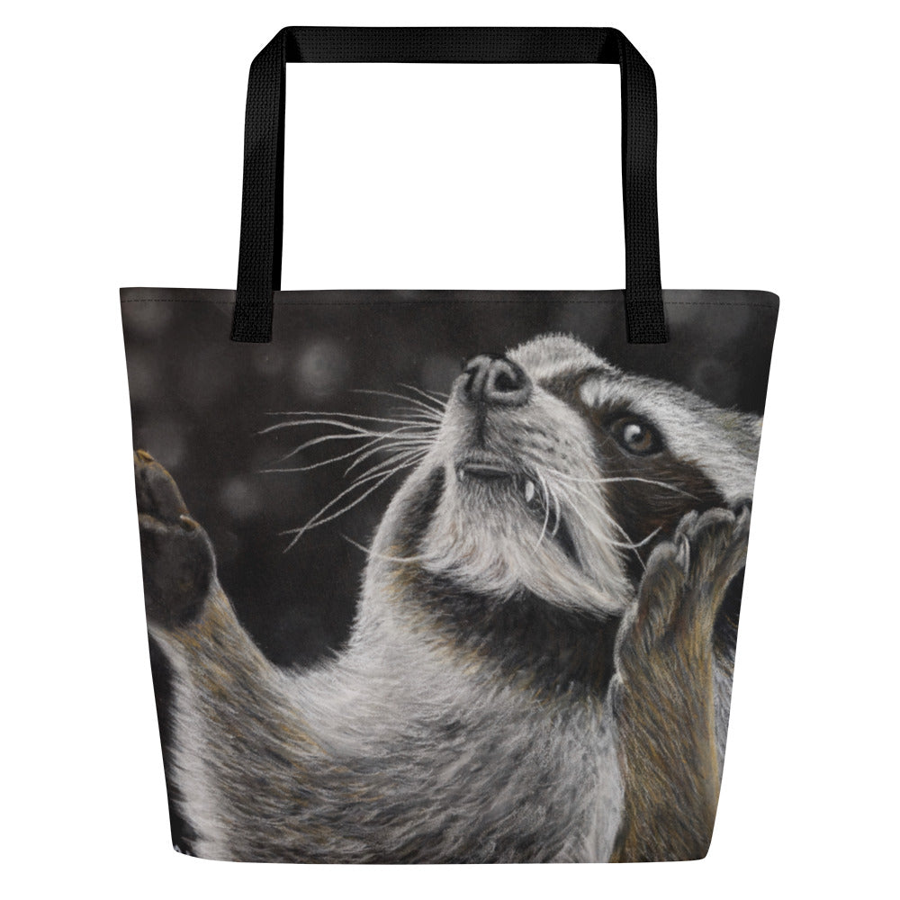 Large Tote Bag with Pocket: Catching Snowflakes - Cute Raccoon Artwork Design by Cathy Dement, 16x20 Inches