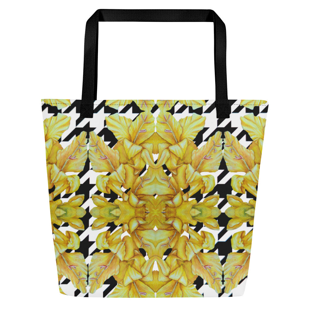Large Tote Bag with Pocket: Hounds Tooth Pattern With Yellow Gladiola Artwork Design by Cathy Dement, 16x20 Inches