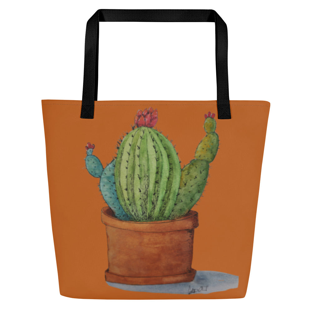 Large Tote Bag with Pocket: Adobe Oasis Succulent Plant Artwork Design by Cathy Dement, 16x20 Inches