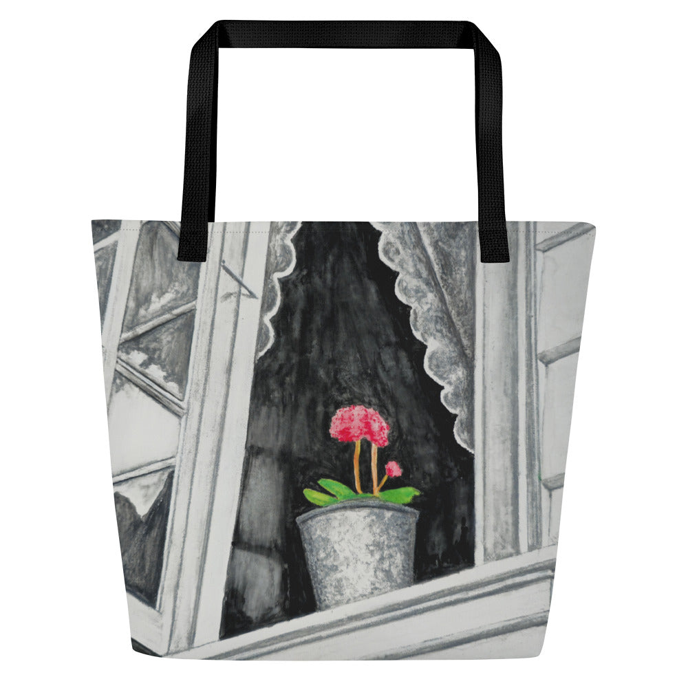 Large Tote Bag with Pocket: Stavanger Bloom Monochrome Window Portrait with Pink Flower Artwork Design by Cathy Dement, 16x20 Inches