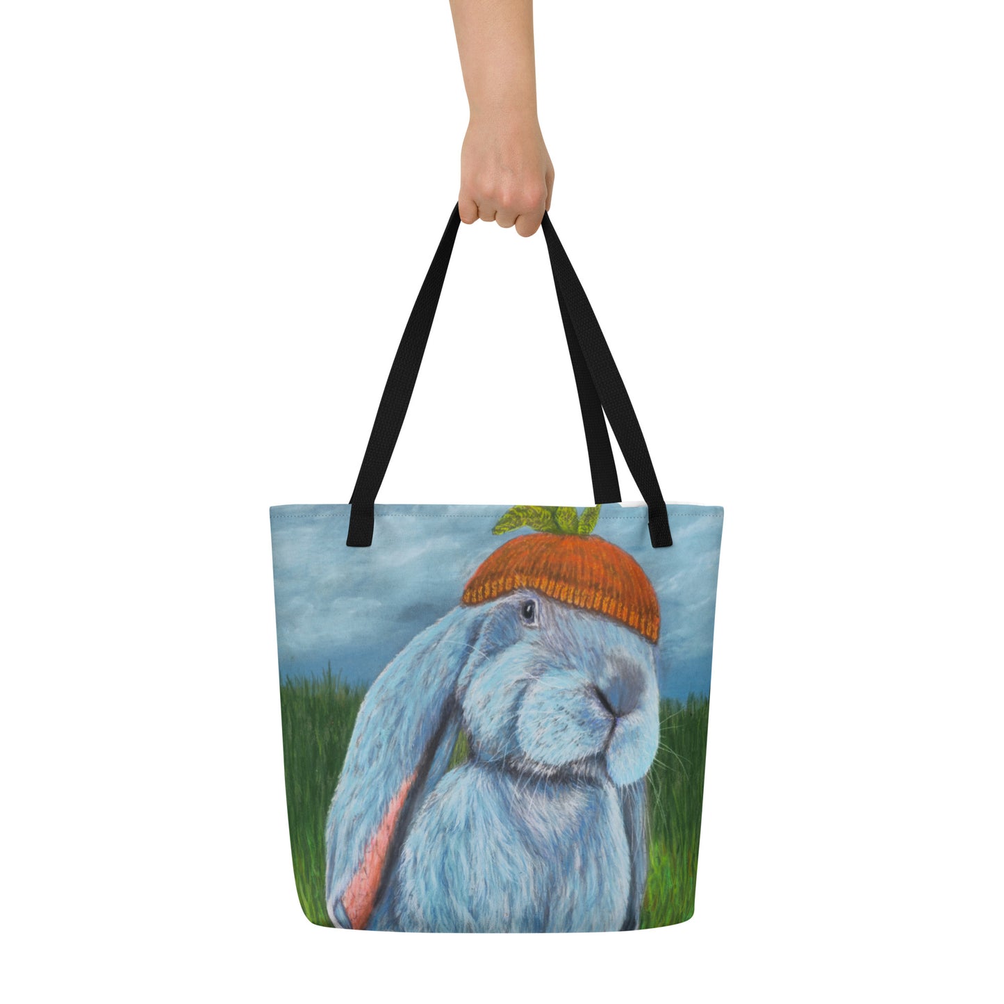 Large Tote Bag with Pocket: Carrot Couture - Whimsical Rabbit in Knit Carrot Cap Artwork Design by Cathy Dement, 16x20 Inches