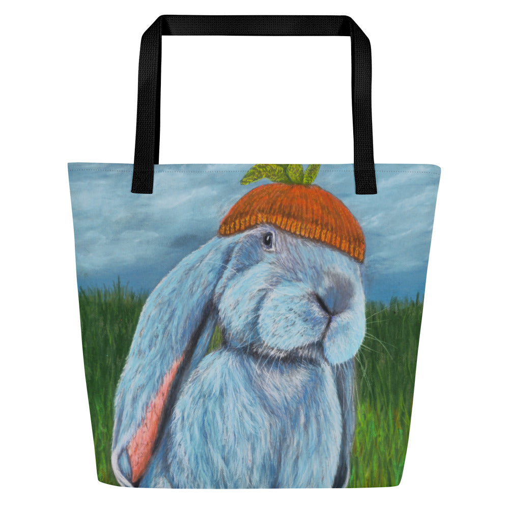 Large Tote Bag with Pocket: Carrot Couture - Whimsical Rabbit in Knit Carrot Cap Artwork Design by Cathy Dement, 16x20 Inches