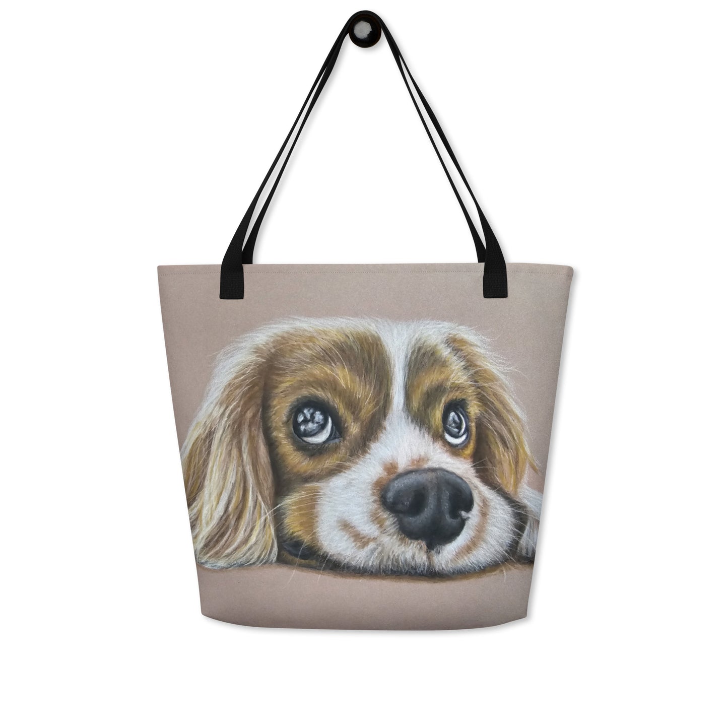 Large Tote Bag with Pocket - Cavalier Curiosity - King Charles Cavalier Spaniel, Cute Dog Artwork