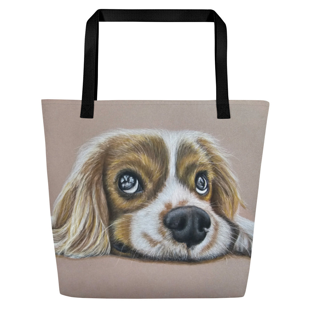 Large Tote Bag with Pocket - Cavalier Curiosity - King Charles Cavalier Spaniel, Cute Dog Artwork